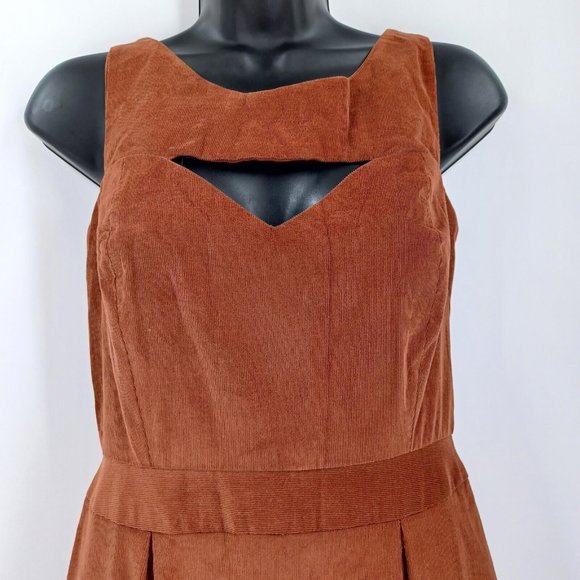 LEONA by LAUREN LEONARD Sz 2 Corduroy Cut Out Brown Shift Dress Sleeveless Lined - Picture 4 of 15